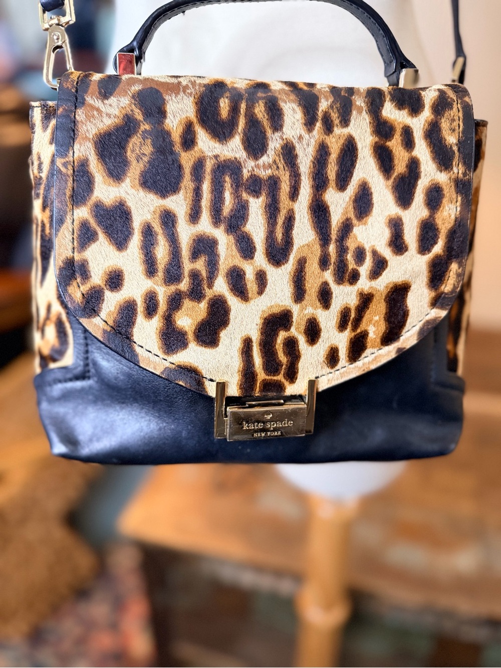 Vintage Kate Spade Leopard Print Fur & Leather Crossbody Bag - Black & Brown